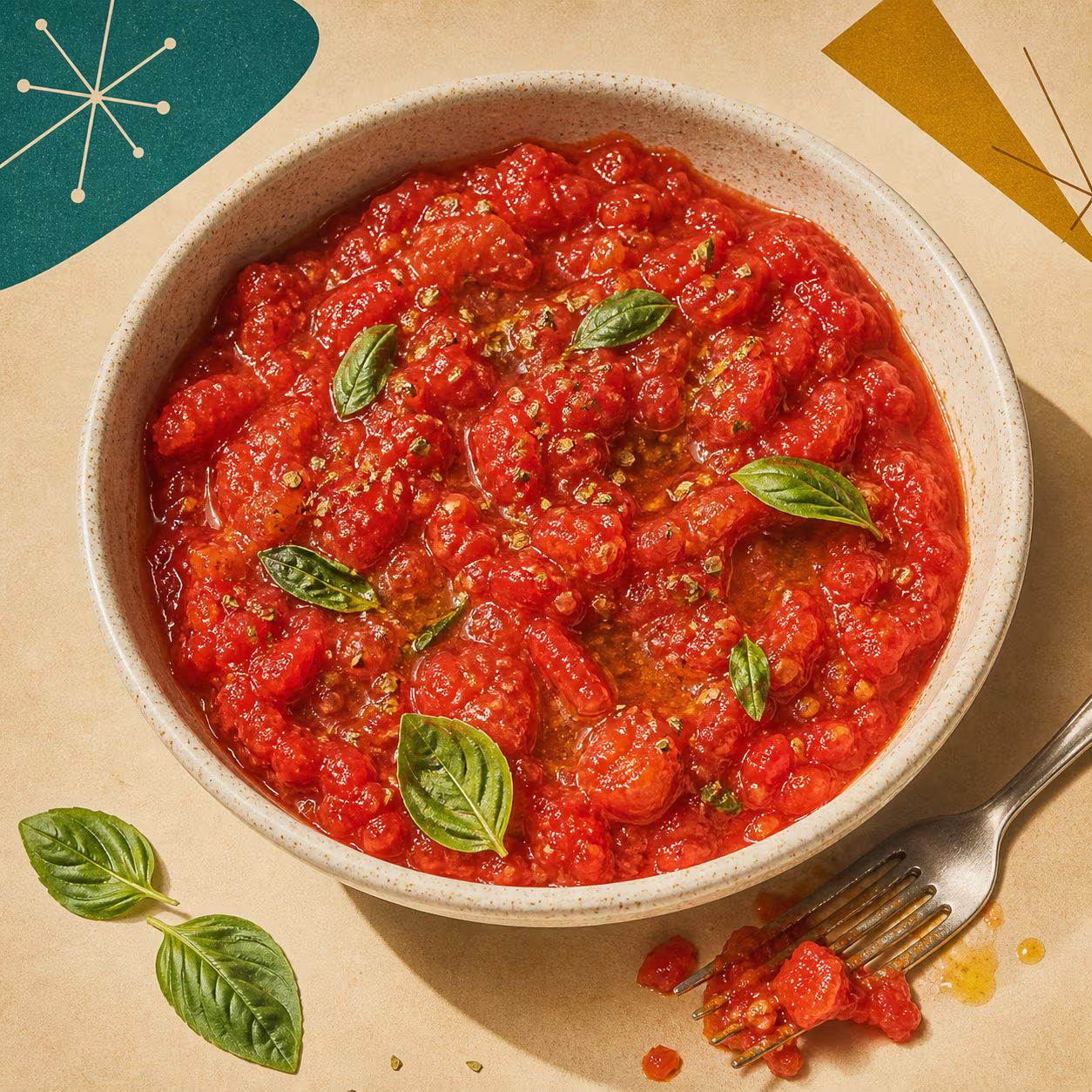 Stückige ungekochte Tomatensoße mit Basilikum, Oregano und Olivenöl