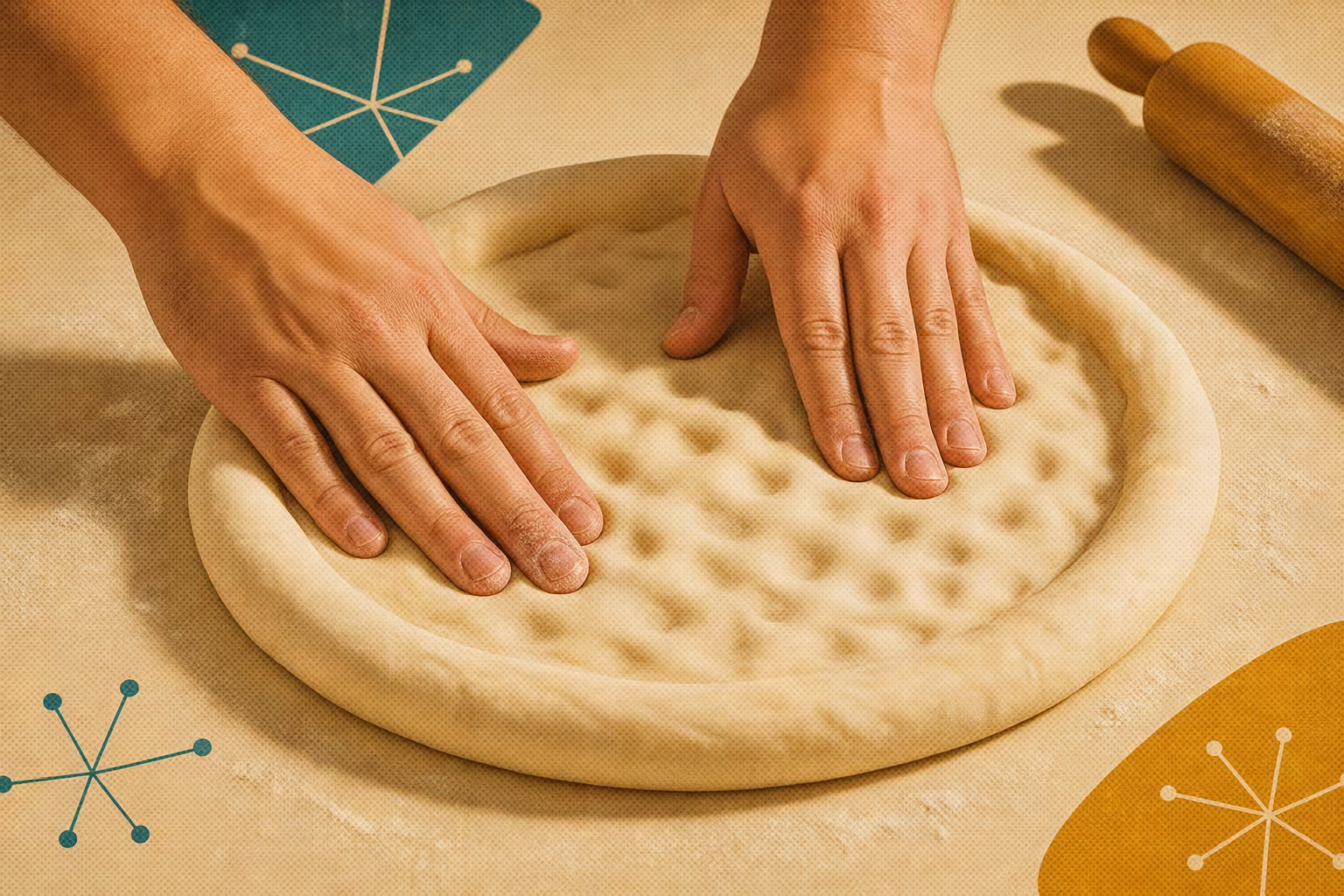 Pizzateig wird mit den Fingerspitzen von der Mitte nach außen gedrückt, der Rand bleibt luftig