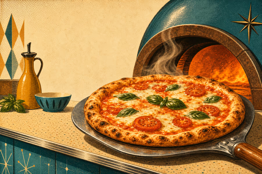 Frisch gebackene Pizza auf einem Metallschieber vor einem heißen Steinofen im Atomic-Age-Anzeigenstil
