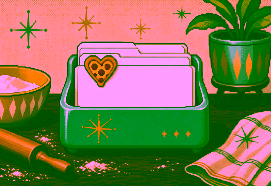 Pixelbild: Leerer Rezeptkartenkasten mit herzförmigem Pizza-Lesezeichen.