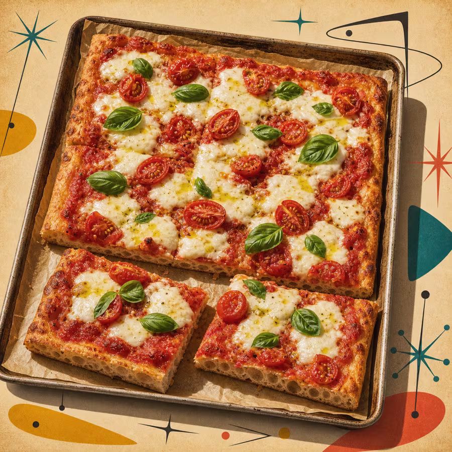 Römische Pizza al Taglio auf dem Blech mit rechteckigen Stücken, Tomate, Mozzarella, Kirschtomaten und Basilikum