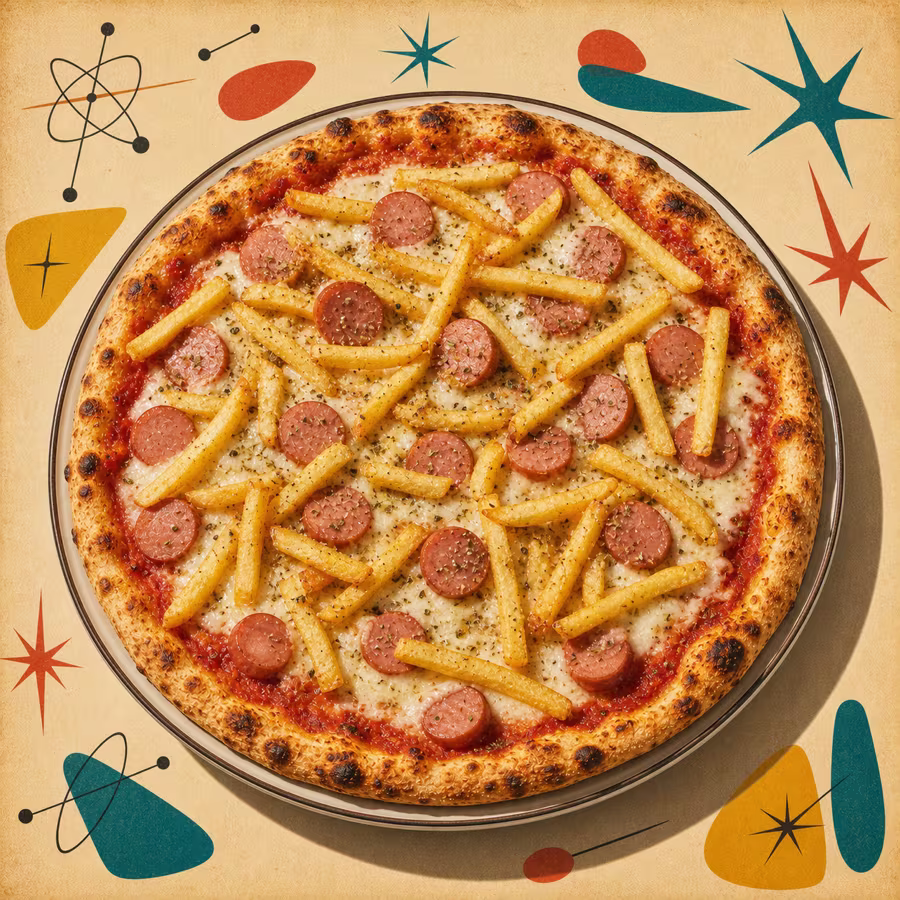 Pizza Americana mit Tomatensoße, Mozzarella, Würstelscheiben, knusprigen Pommes und Oregano