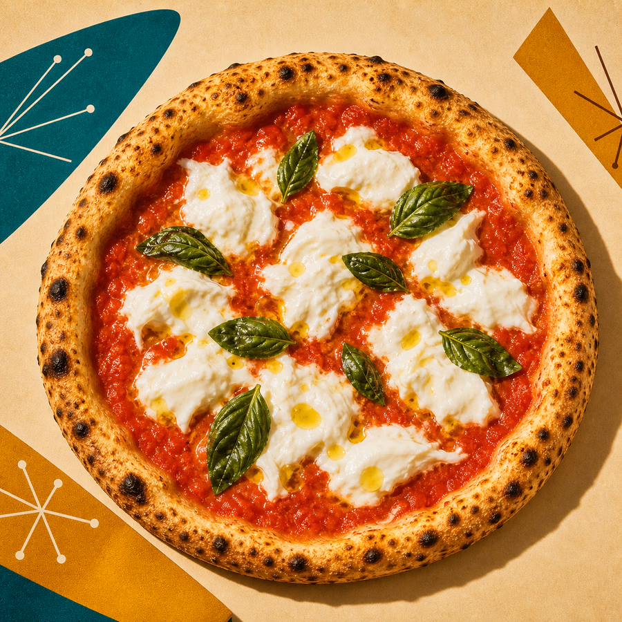 Pizza Bufalina mit Tomatensoße, Büffelmozzarella, Basilikum und Olivenöl
