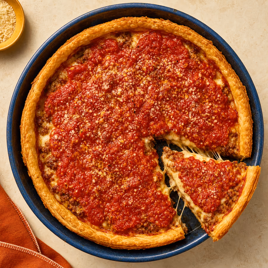 Chicago Deep-Dish in runder Form mit hohem Butterrand, Käse unter der Füllung und stückiger Tomatensoße obenauf; ein Stück mit Käsefäden herausgehoben