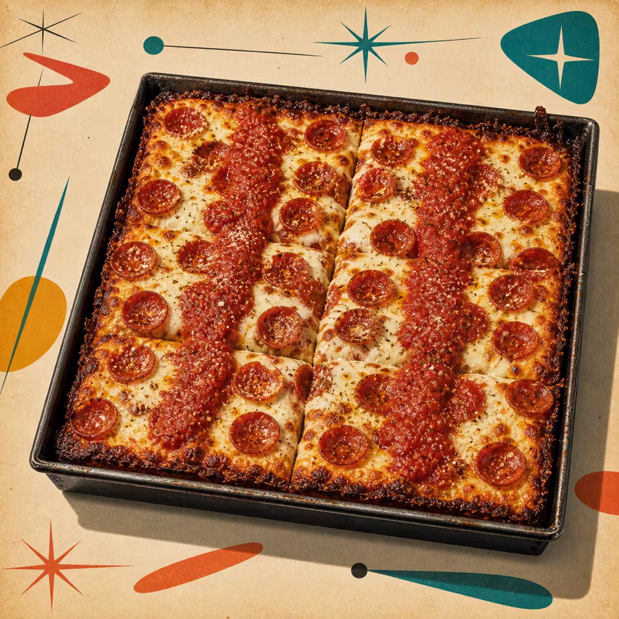 Detroit-Style Pizza in rechteckiger Pfanne mit karamellisiertem Käserand, Pepperoni und roten Soßenstreifen