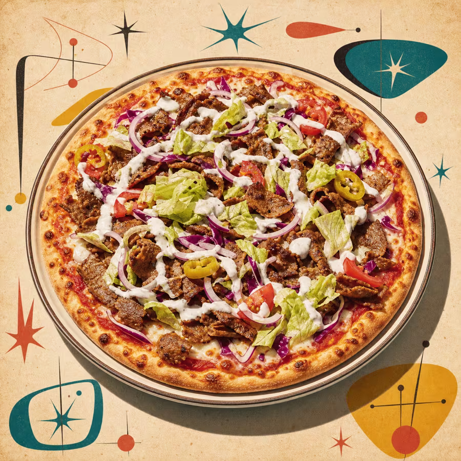 Pizza Döner/Gyros mit Drehspießfleisch, Salat, Rotkohl, roten Zwiebeln und Joghurt-Knoblauchsoße