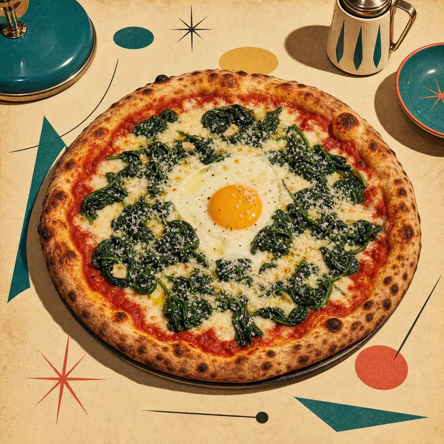 Pizza Fiorentina mit Blattspinat, Mozzarella, geriebenem Käse und Ei in der Mitte