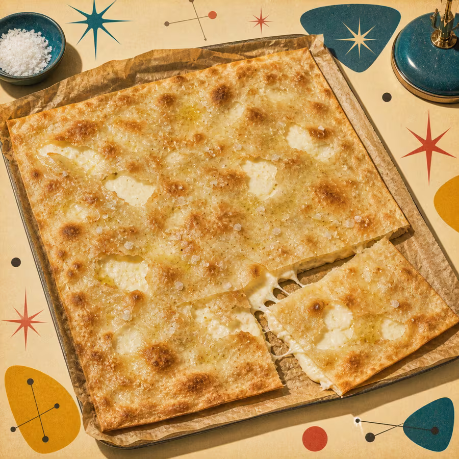 Focaccia di Recco mit dünn gebackenem Teig, geschmolzenem Frischkäse, Olivenöl und grobem Salz