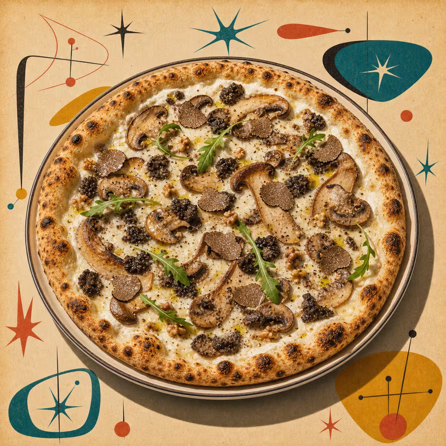 Pizza Funghi e Tartufo als weiße Pizza mit Pilzen, Trüffelcreme, Trüffelhobeln, Rucola und Walnüssen