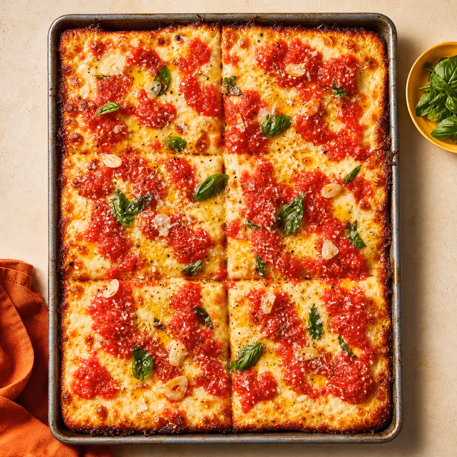 Grandma Pizza vom rechteckigen Blech, in Quadrate geschnitten, mit Mozzarella, roten Tomaten-Klacksen, Knoblauch und frischem Basilikum