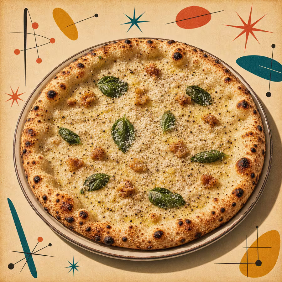 Mastunicola als weiße Pizza mit Pecorino, Basilikum, schwarzem Pfeffer und kleinen Grieben