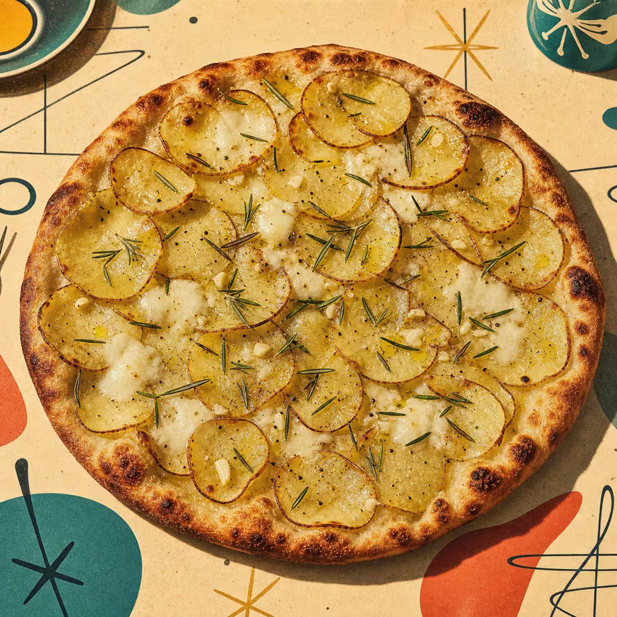 Pizza con Patate e Rosmarino mit dünnen Kartoffelscheiben, Rosmarin, Mozzarella und Olivenöl