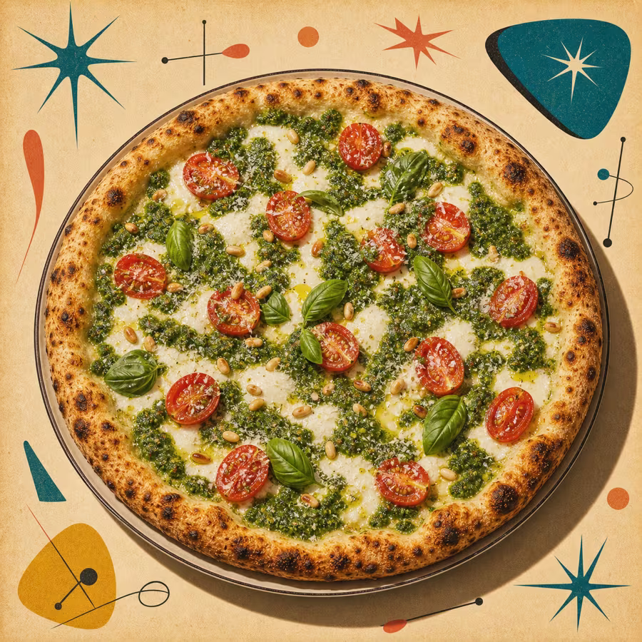 Pizza al Pesto Genovese mit grünem Basilikum-Pesto, Mozzarella, Kirschtomaten, Pinienkernen und Basilikum