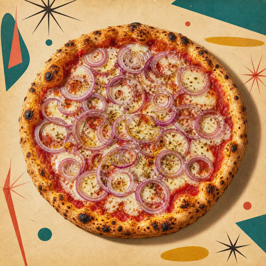 Pizza Pugliese mit Tomatensoße, Mozzarella, vielen feinen roten Zwiebelringen und Oregano