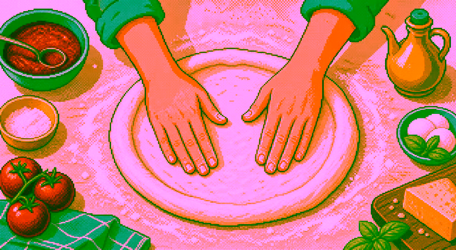 Pixelbild: Hände drücken einen Pizzateig von der Mitte nach außen und lassen den Rand stehen.