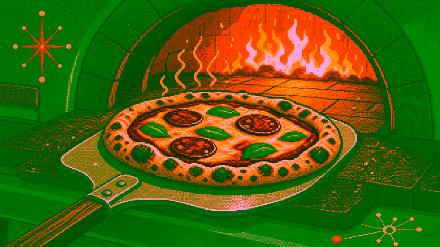 Pixelbild: Eine Pizza gleitet auf einem Schieber in einen heißen Ofen.