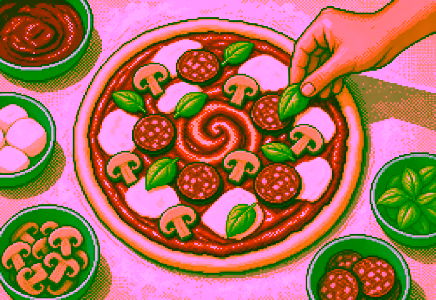 Pixelbild: Eine Pizza wird mit Soße, Käse, Pilzen, Salami und Basilikum belegt.