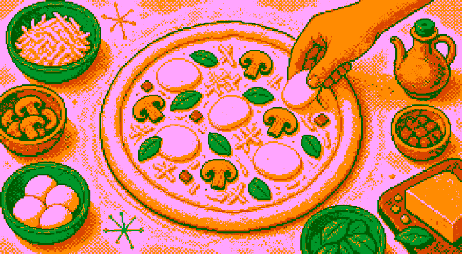Pixelbild: Eine weiße Pizza ohne Tomatensoße wird mit Käse belegt.