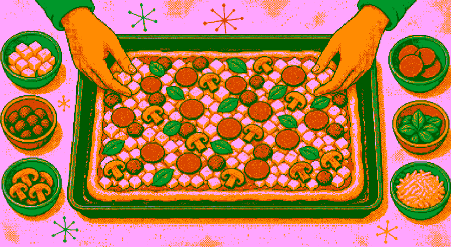 Pixelbild: Eine rechteckige Blechpizza wird bis an den Rand mit Käse und Belag belegt.