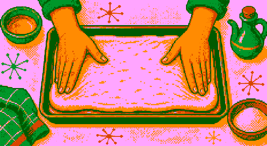 Pixelbild: Pizzateig wird in ein geöltes, rechteckiges Blech gedrückt.