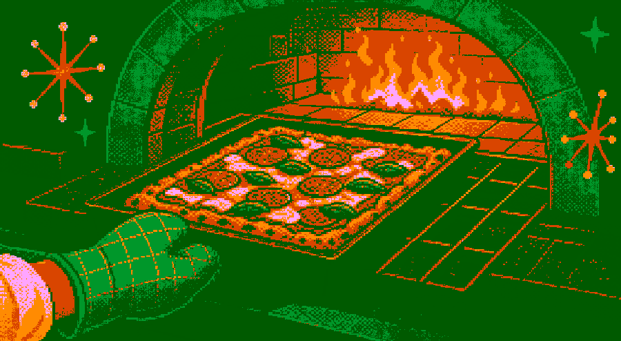 Pixelbild: Ein Blech mit Pizza wird auf die Schiene in den heißen Ofen geschoben.