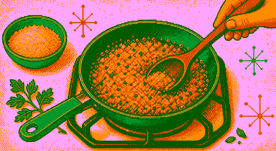 Pixelbild: Semmelbrösel werden in einer Pfanne goldbraun geröstet.