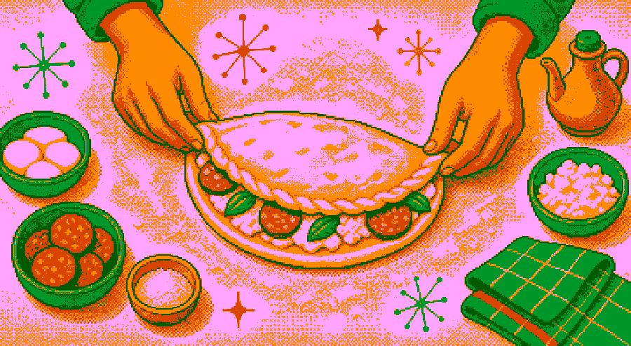 Pixelbild: Eine Calzone wird zur Halbmond-Tasche gefaltet und am Rand verschlossen.
