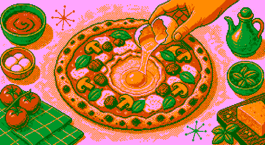 Pixelbild: Ein Ei wird in eine Mulde in der Mitte der Pizza gegeben.
