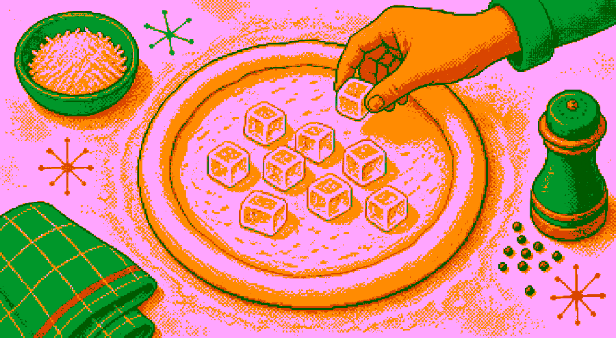 Pixelbild: Eiswürfel werden auf die Mitte eines nackten Pizzateigs gelegt.