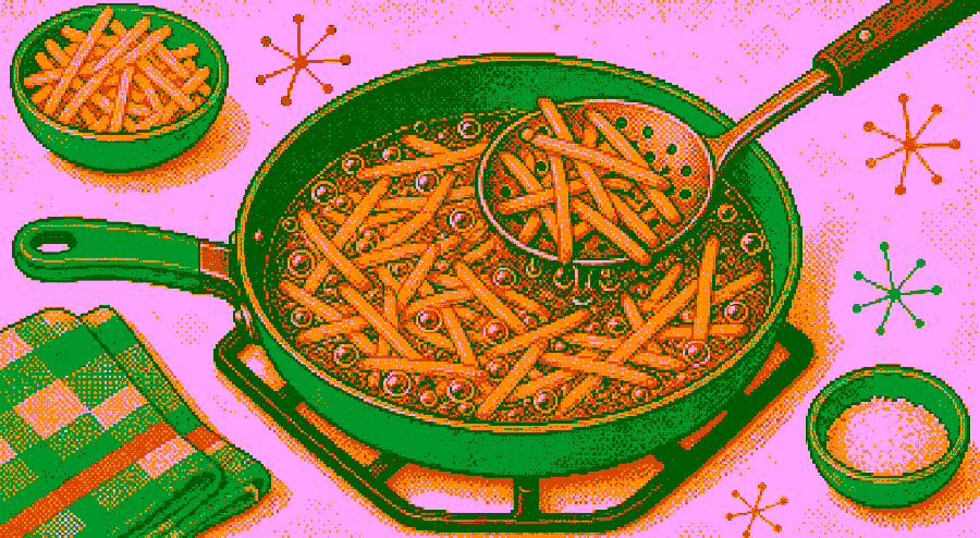 Pixelbild: Kartoffelstifte werden in heißem Öl knusprig frittiert.