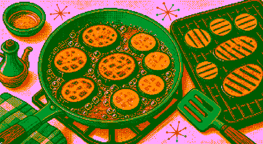 Pixelbild: Auberginenscheiben werden goldbraun gebraten.