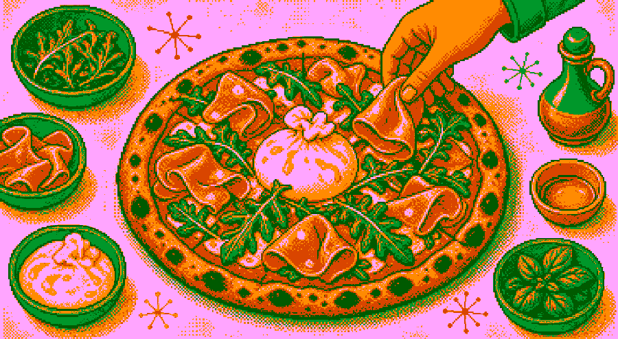 Pixelbild: Eine gebackene Pizza wird nach dem Ofen mit frischem Belag belegt.