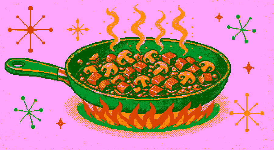 Pixelbild: In einer Pfanne werden Pilze und Wurststücke angebraten.