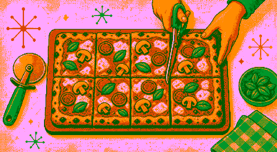 Pixelbild: Eine rechteckige Pizza wird mit einer Schere in Stücke geschnitten.