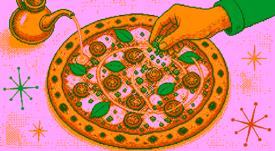 Pixelbild: Eine fertige Pizza wird mit Kräutern, geriebenem Käse und Olivenöl vollendet.