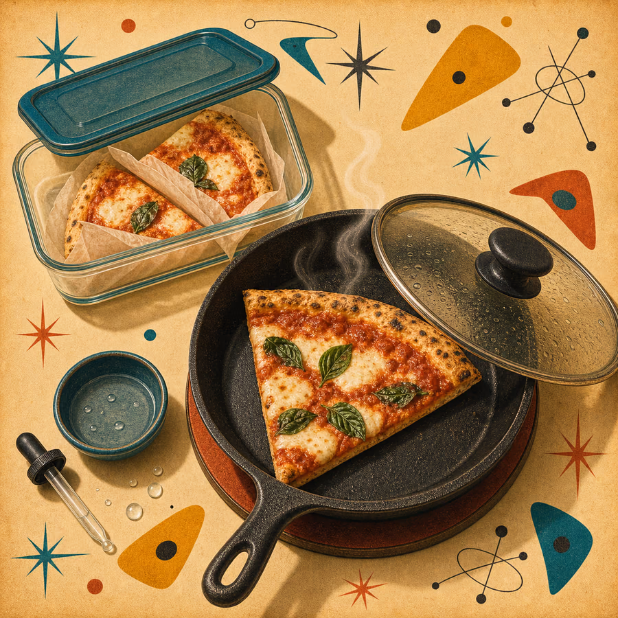 Pizzastück in einer Pfanne mit Deckel neben aufbewahrten Pizzaresten in einer Dose