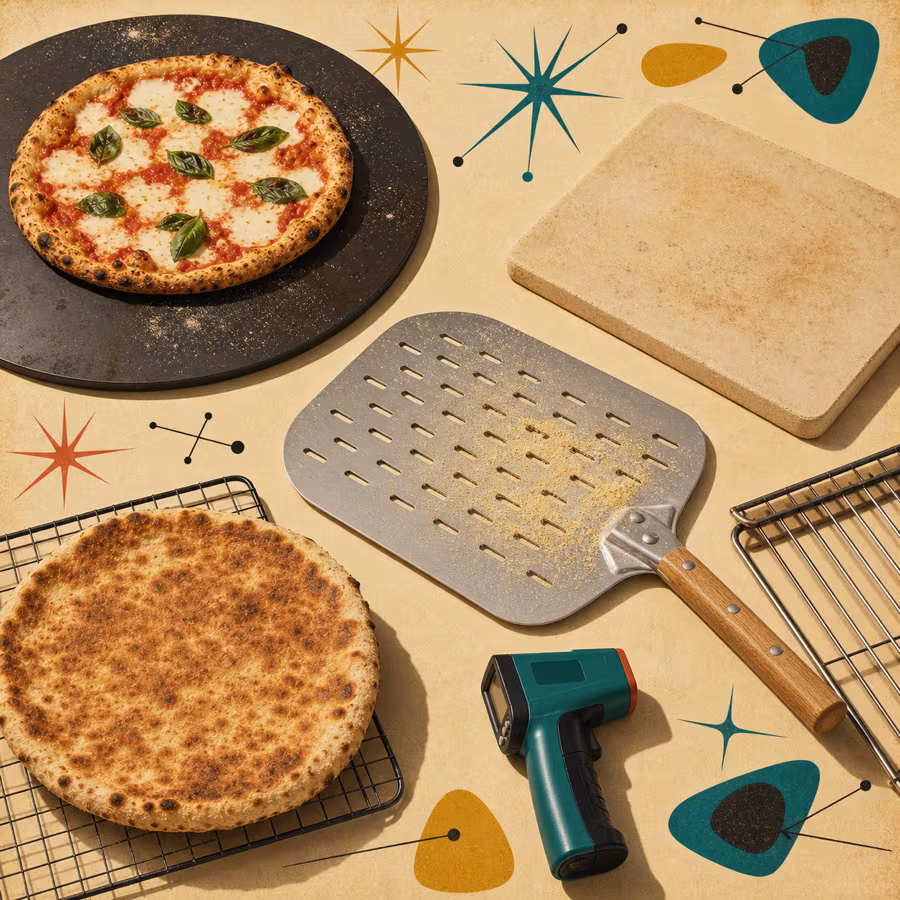 Pizza-Ausrüstung mit Pizzastahl, Pizzastein, Schieber, Thermometer, Ofengitter und gebräuntem Pizzaboden