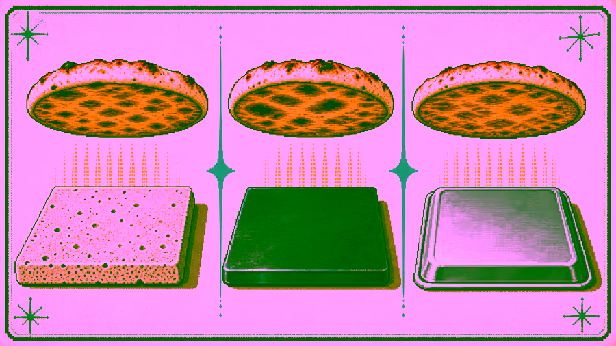 Pixelbild: Pizzastein, Pizzastahl und umgedrehtes Backblech im Vergleich, jeweils mit gebräuntem Pizzaboden darüber
