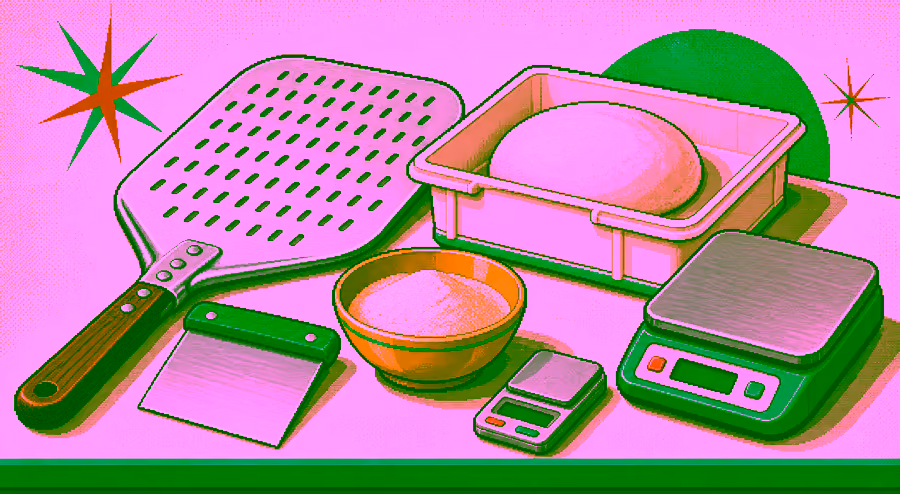 Pixelbild: Pizzaschieber, Teigkarte, Gärbox, Grießschale, Küchenwaage und Feinwaage auf einem Tisch