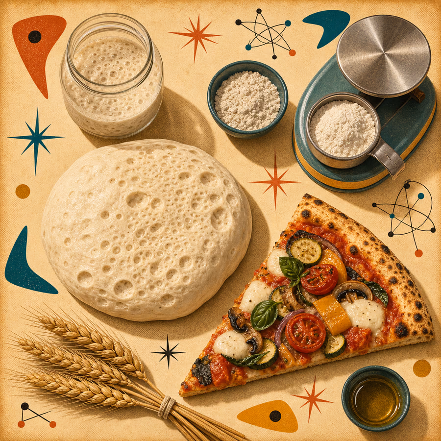 Luftig gereifter Pizzateig neben einer Gemüsepizza, Weizenähren und Küchenwaage