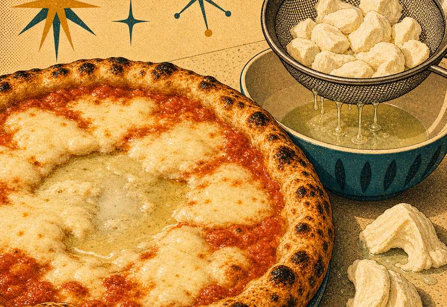 Pizza mit wässriger Mozzarella-Lache neben abtropfenden Mozzarellastücken in einem Sieb