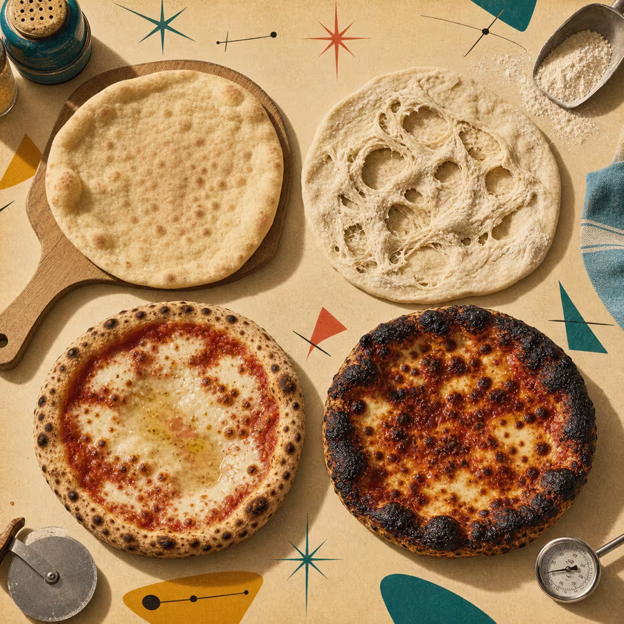 Pizza-Fehler als Diagnosebild mit blassem Boden, gerissenem Teig, wässrigem Käse und zu dunkel gebräunter Pizza