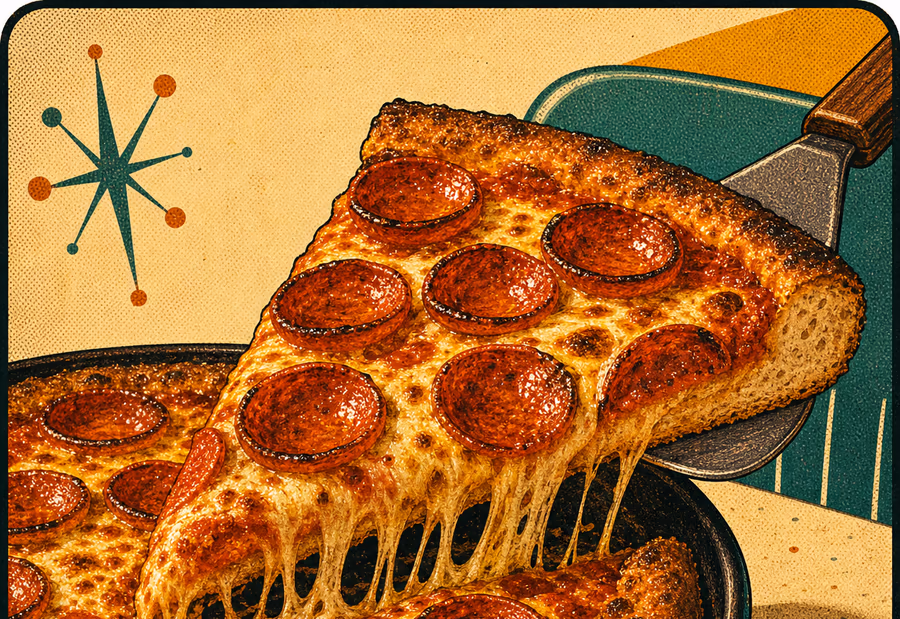 Amerikanische Pepperoni-Pizza mit dickerem Boden, viel Käse, angehobenem Stück und gewölbten Salami-Scheiben