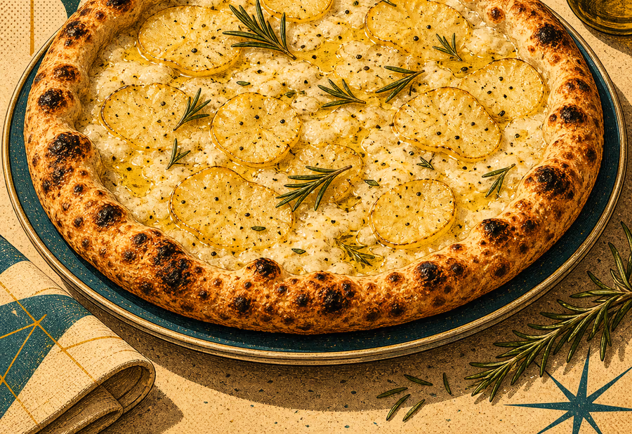 Weiße Pizza ohne Tomatensoße mit Käse, Öl, Rosmarin und dünnen Kartoffelscheiben