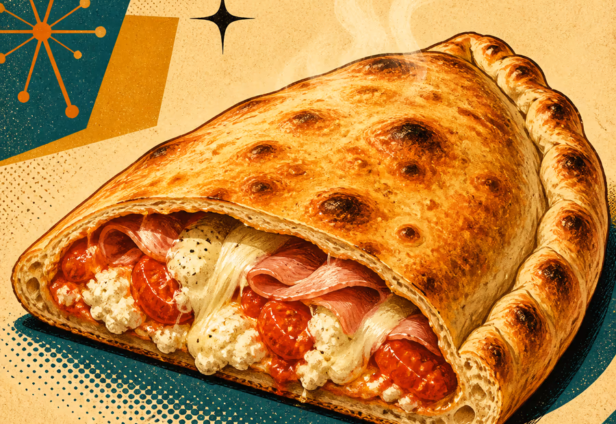 Aufgeschnittener Calzone mit goldener Teighülle, versiegeltem Rand und sichtbarer Käse-Schinken-Füllung