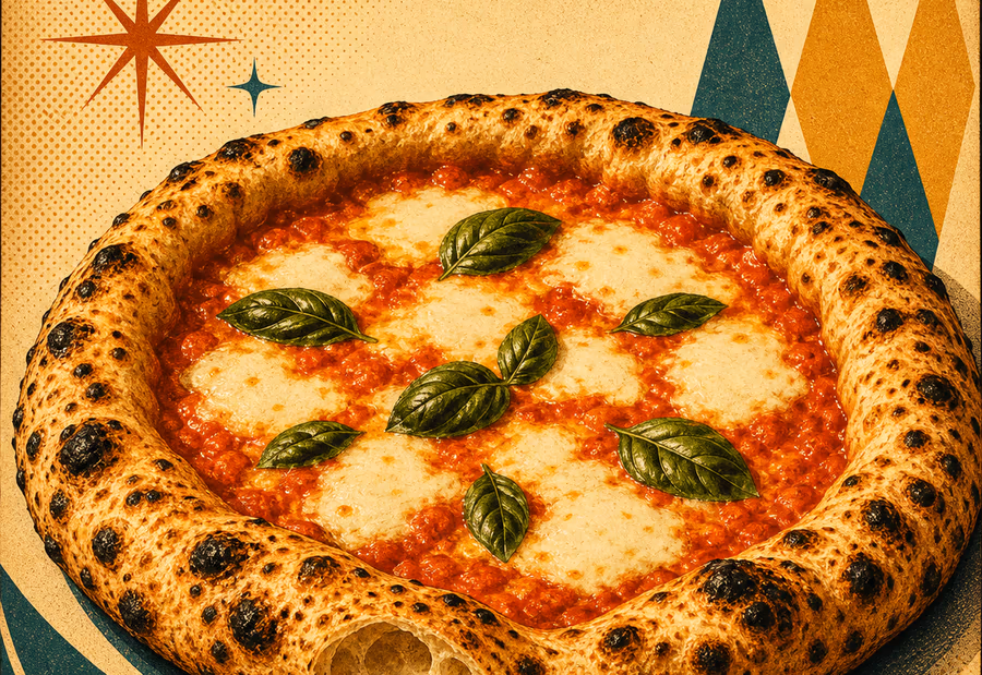 Neapolitanische Pizza mit hohem luftigen Rand, dünner Mitte und dunklen Leopardenflecken