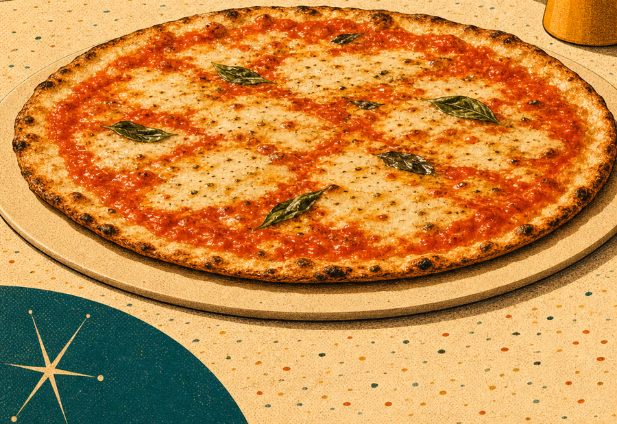 Dünne römische Pizza mit flachem Rand und crackerartig knusprigem Boden