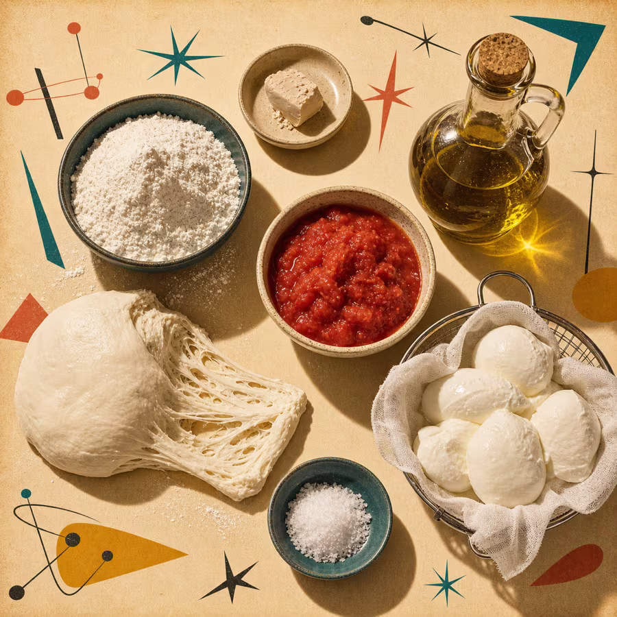 Pizza-Zutaten als Lernbild mit Mehl, Hefe, Tomaten, Mozzarella, Olivenöl, Salz und elastischem Teig